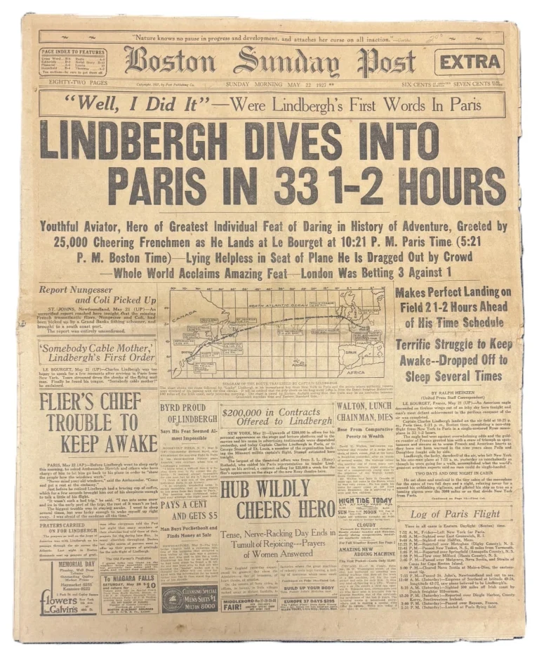 CHARLES LINDBERGH TRANSATLANTIC FLIGHT BOSTON SUNDAY POST MAY 22 1927 NEWSPAPER COLLECTIBLE MEMORABILIA