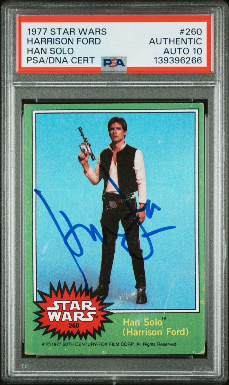 1977 TOPPS STAR WARS #260 HARRISON FORD SIGNED HAN SOLO ROOKIE PSA AUTO 10 RC COLLECTIBLE MEMORABILIA