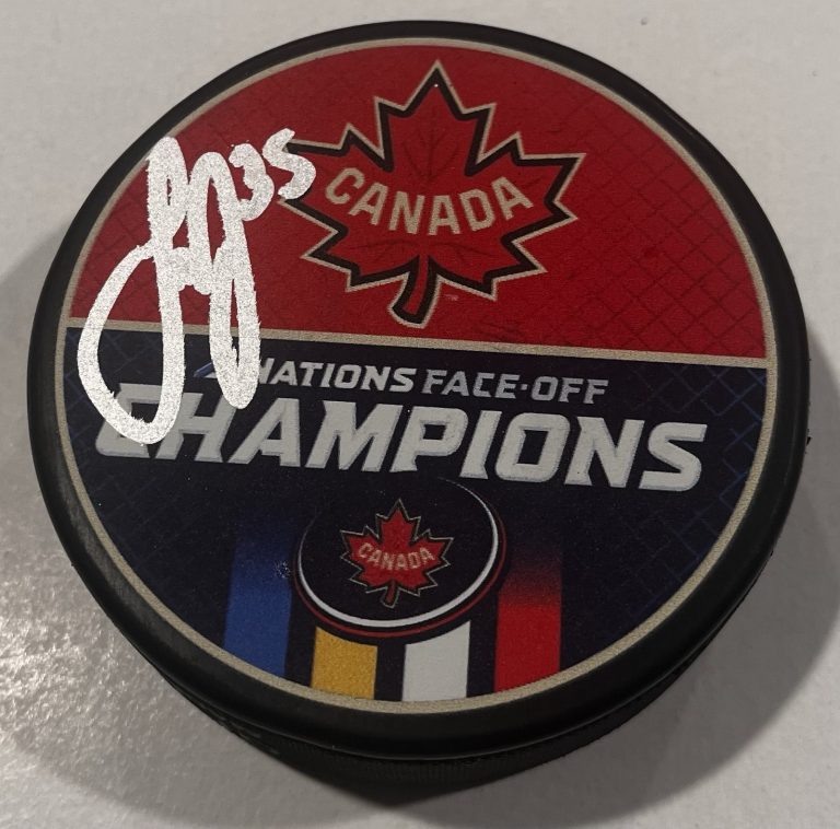 SAM SAMUEL MONTEMBEAULT SIGNED CANADA 4 NATIONS HOCKEY PUCK W CASE CANADIENS COA