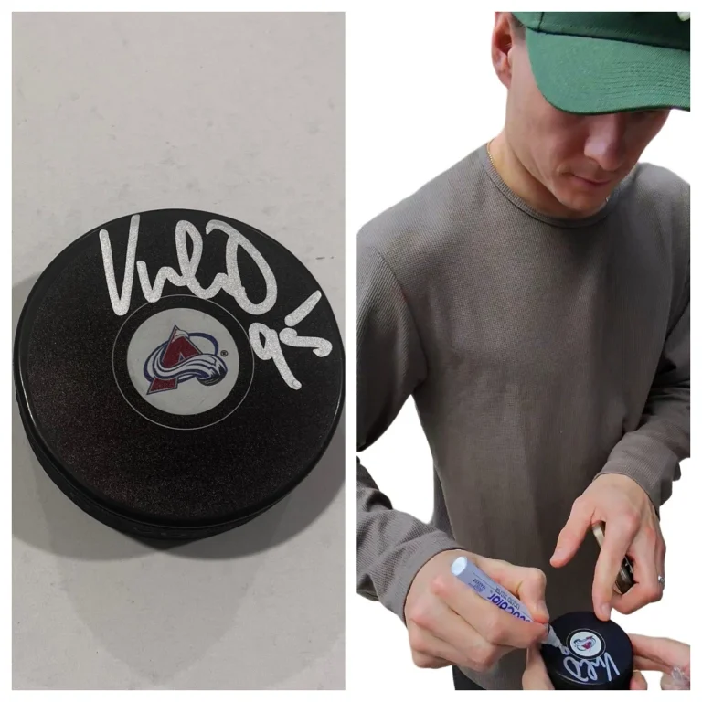 VICTOR OLOFSSON SIGNED COLORADO AVALANCHE HOCKEY PUCK W/ CASE COA