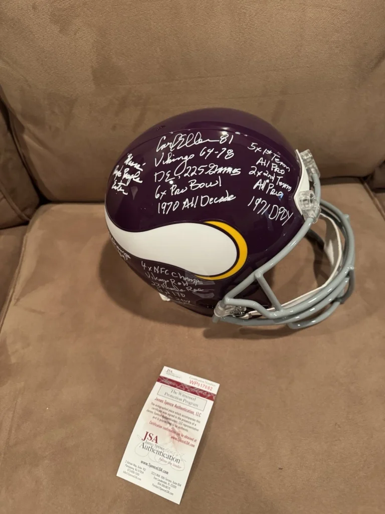 RARE CARL ELLER SIGNED VIKINGS STAT RIDDELL HELMET JSA WITH 22 INSCRIPTIONS