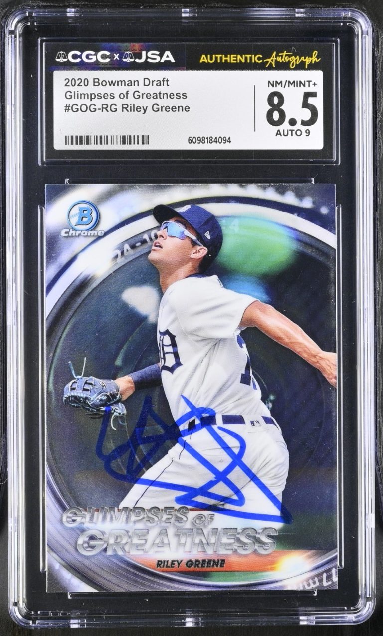 RILEY GREENE SIGNED 2020 BOWMAN CHROME DRAFT CARD #GOG-RG CGC 8.5 JSA 9 AUTO