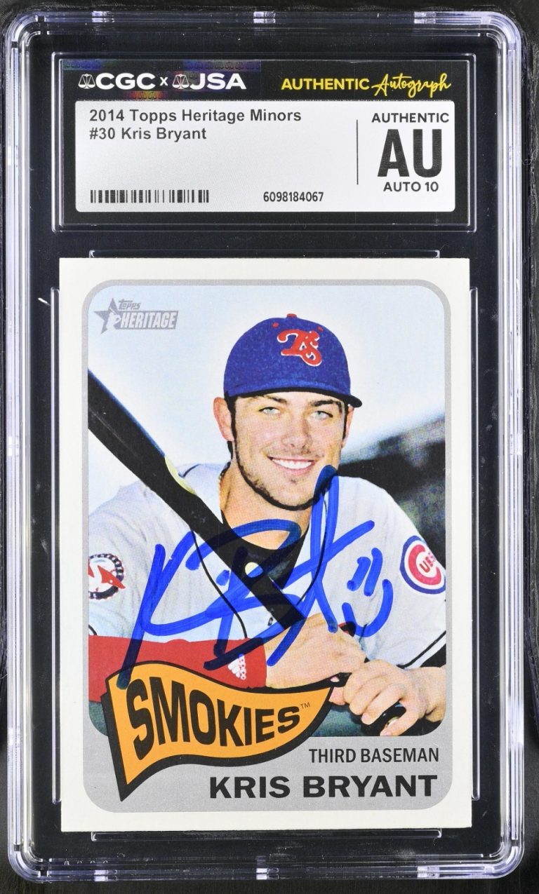 KRIS BRYANT SIGNED 2014 TOPPS HERITAGE MINORS ROOKIE CARD #30 CGC AU JSA 10 AUTO