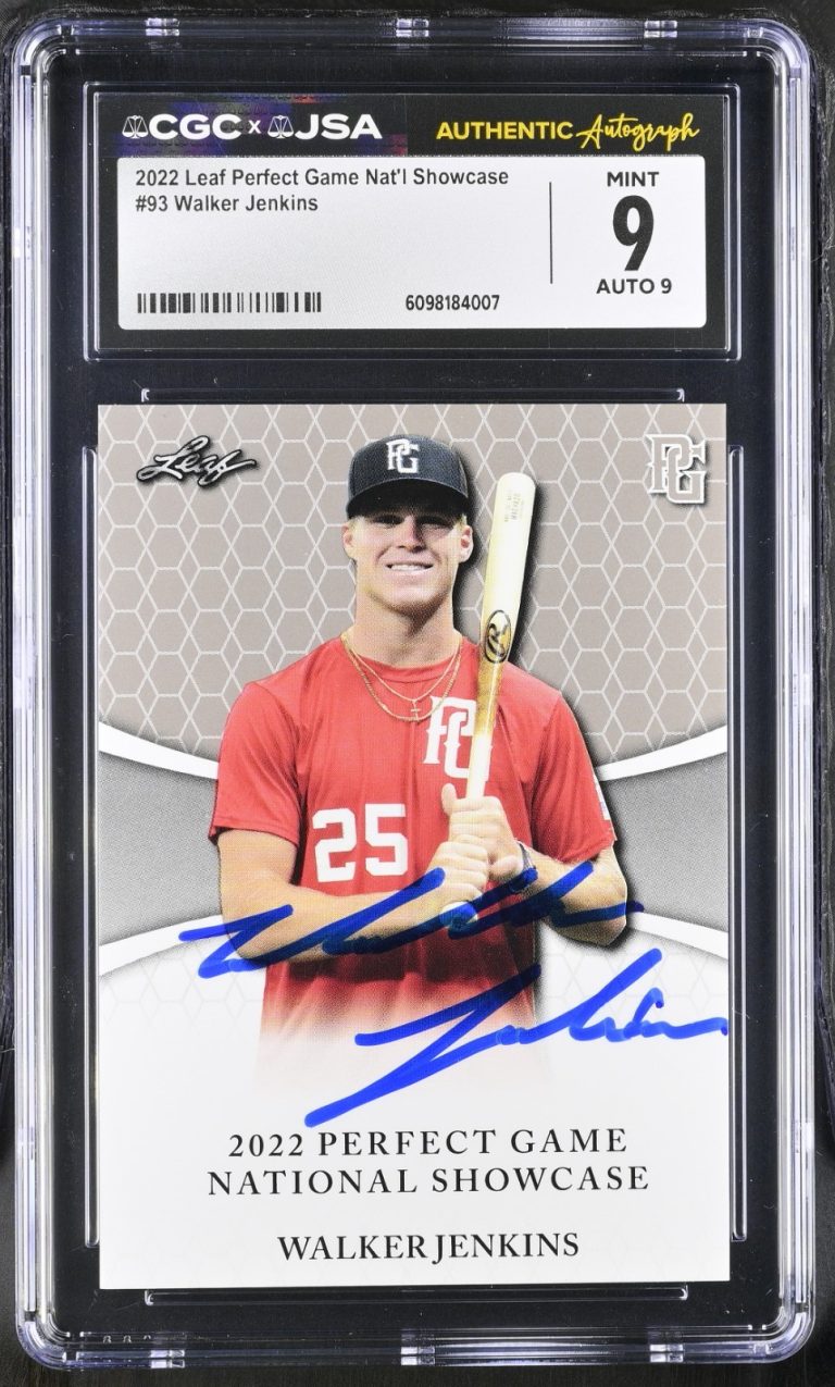 WALKER JENKINS SIGNED 2022 LEAF PERFECT GAME ROOKIE CARD #93 CGC 9 JSA 9 AUTO