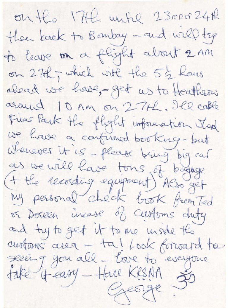 George Harrison Signed Handwritten 1974 Letter Beatles Beckett BAS PSA/DNA PSA