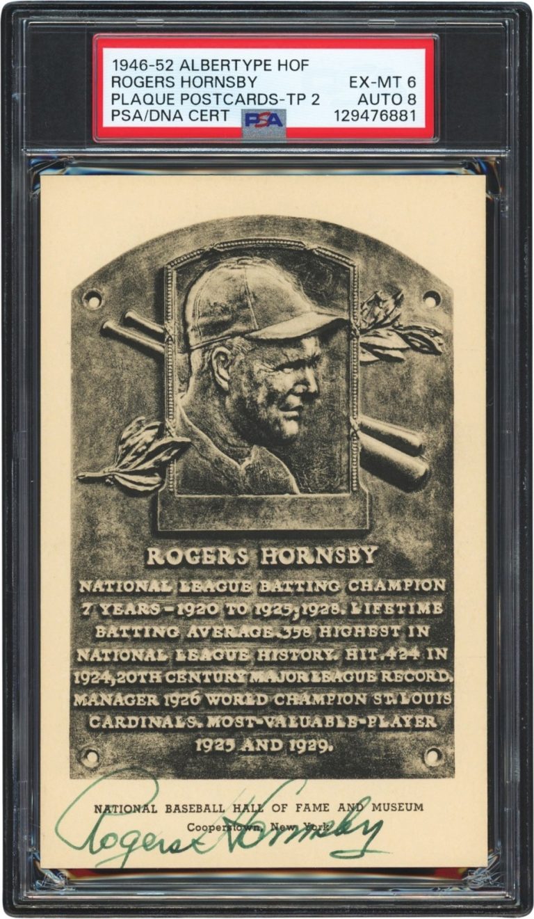 Rogers Hornsby Signed 1946 Type 2 HOF Plaque Postcard PSA 6 PSA/DNA 8 Auto POP 1