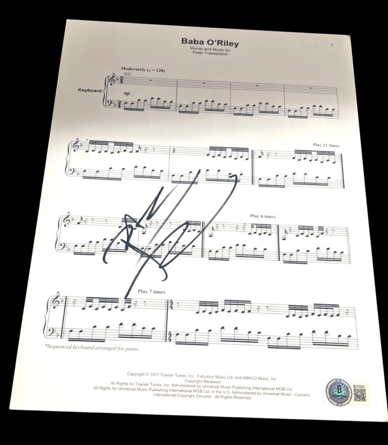 PETE TOWNSHEND SIGNED AUTOGRAPH SHEET MUSIC BABA O'RILEY THE WHO BECKETT BAS X2
