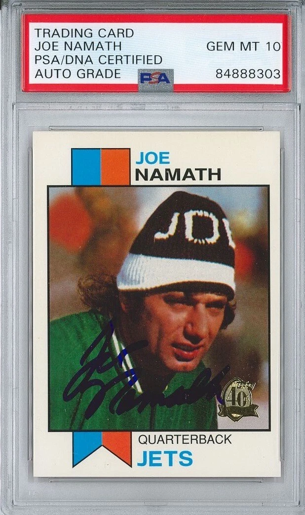 JOE NAMATH SIGNED 11996TOPPS REPRINT 1973 CARD PSA 84888303 GEM MINT 10 AUTO
