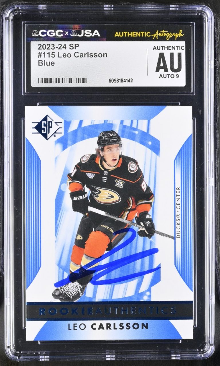 LEO CARLSSON SIGNED 2023-24 SP BLUE ROOKIE CARD #115 CGC AU JSA 9 AUTO