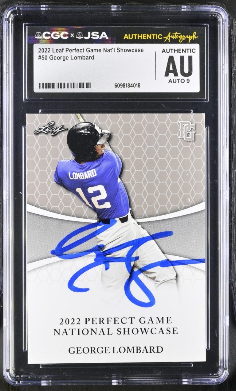 GEORGE LOMBARD SIGNED 2022 LEAF PERFECT GAME ROOKIE CARD #50 CGC AU JSA 9 AUTO