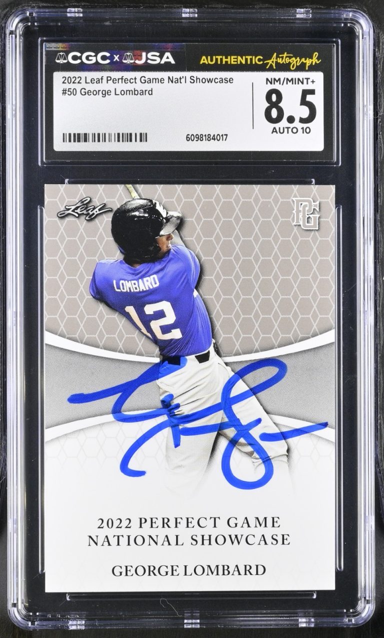 GEORGE LOMBARD SIGNED 2022 LEAF PERFECT GAME ROOKIE CARD #50 CGC 8.5 JSA 10 AUTO