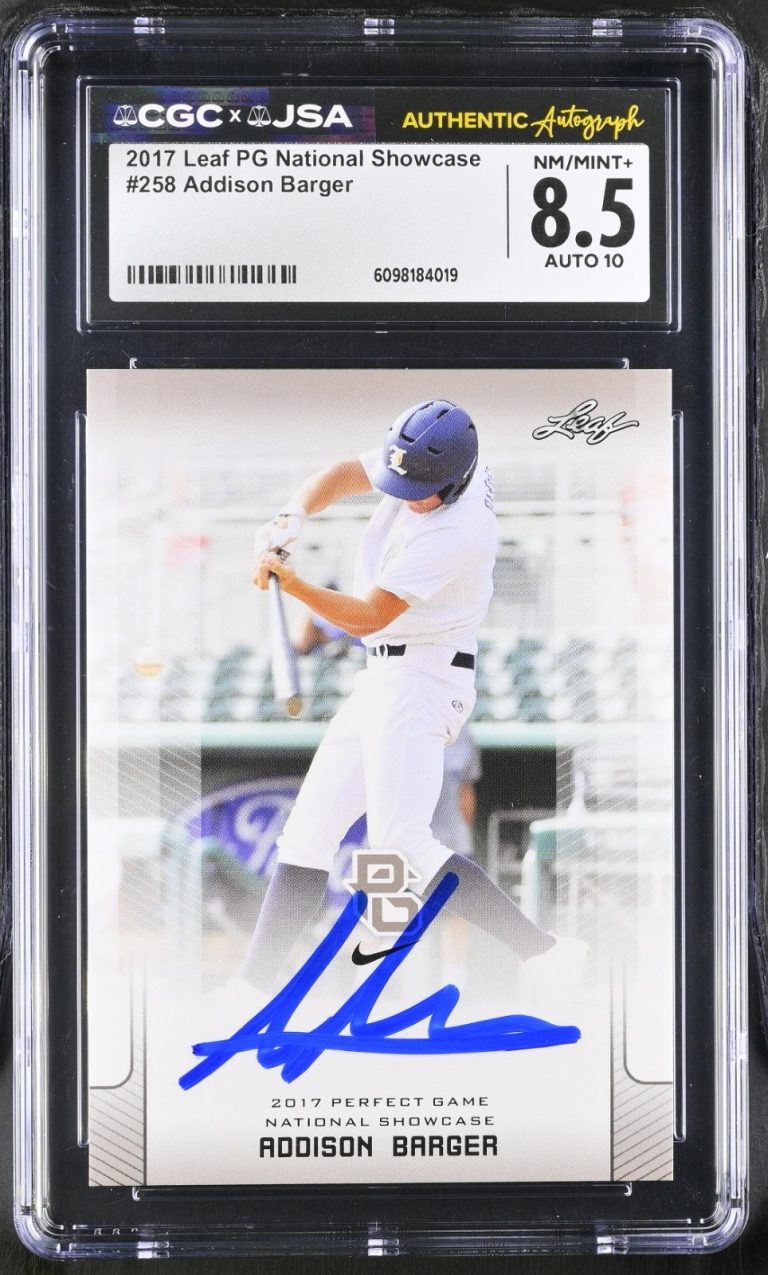ADDISON BARGER SIGNED 2017 LEAF PERFECT GAME ROOKIE CARD 258 CGC 8.5 JSA 10 AUTO