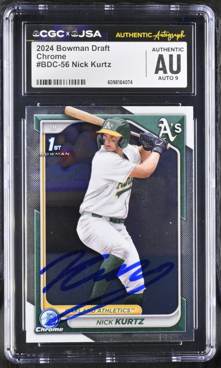 NICK KURTZ SIGNED 2024 BOWMAN DRAFT CHROME ROOKIE CARD #BDC-56 CGC AU JSA 9 AUTO