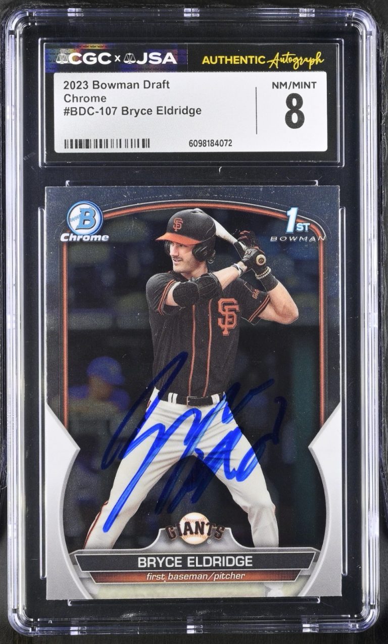 BRYCE ELDRIDGE SIGNED 2023 BOWMAN DRAFT CHROME CARD #BDC-107 CGC 8 JSA AUTO