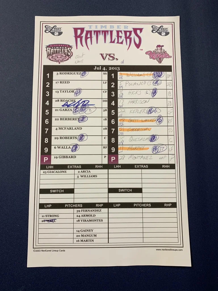 JORGE POLANCO GAME USED LINEUP CARD MIDWEST LEAGUE BASEBALL MINNESOTA TWINS