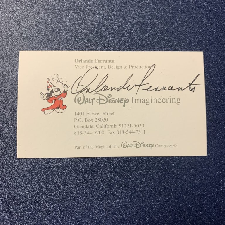 ORLANDO FERRANTE HAND SIGNED BUSINESS CARD DISNEY IMAGINEEER AUTOGRAPHED COA
