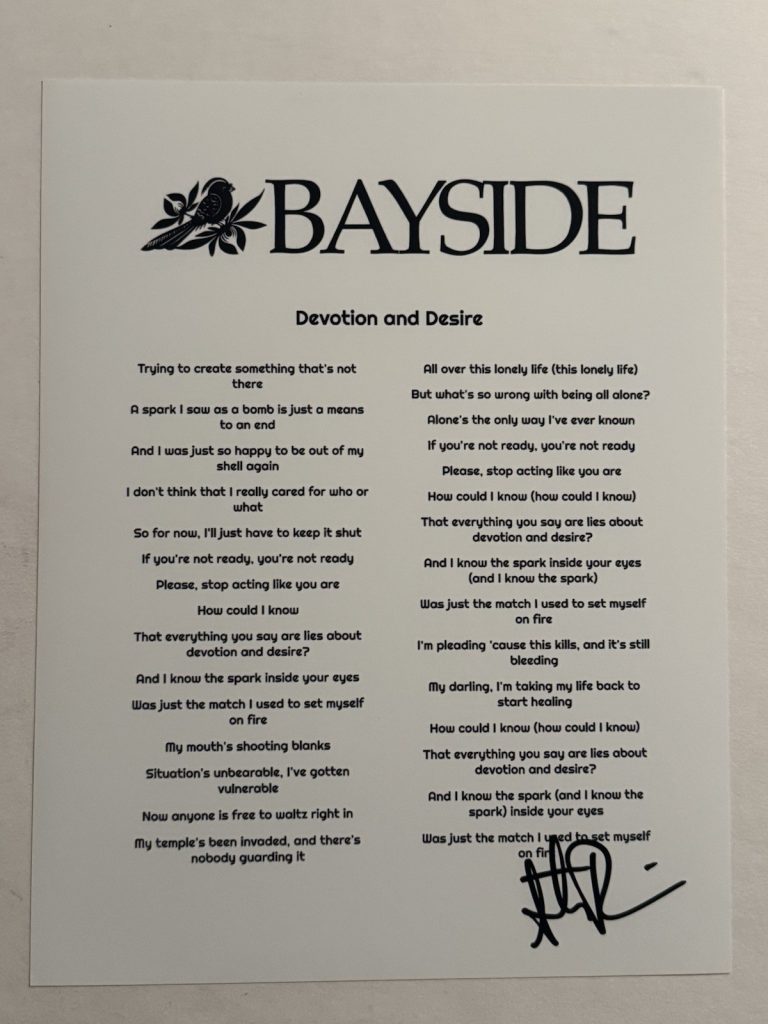 ANTHONY RANERI SIGNED LYRIC SHEET AUTOGRAPHED BAYSIDE BAND LEAD SINGER COA