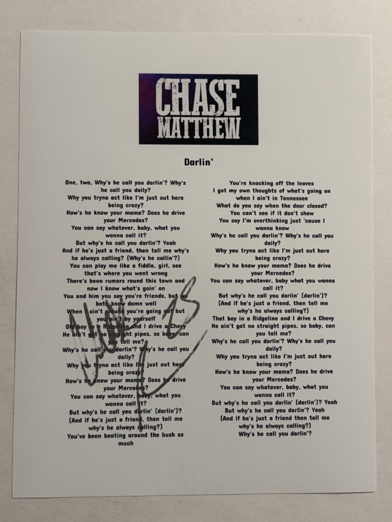 CHASE MATTHEW HAND SIGNED LYRIC SHEET AUTOGRAPHED COUNTRY SINGER RARE COA