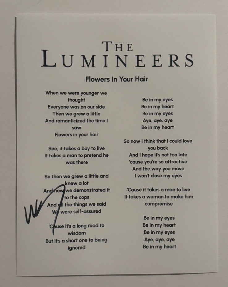 WESLEY SCHULTZ SIGNED LYRIC SHEET AUTOGRAPHED THE LUMINEERS BAND LEAD SINGER COA