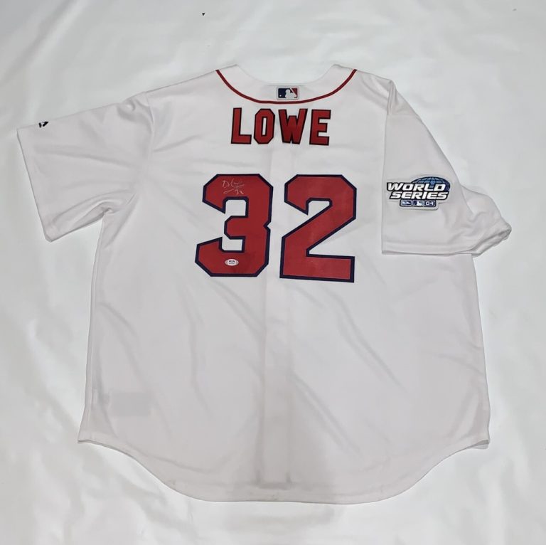 DEREK LOWE SIGNED #32 BOSTON RED SOX 2004 WORLD SERIES JERSEY RARE PSA COA
