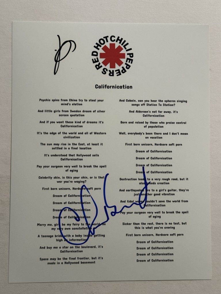 CHAD SMITH SIGNED LYRIC SHEET AUTOGRAPHED RED HOT CHILI PEPPERS DRUMMER RARE COA