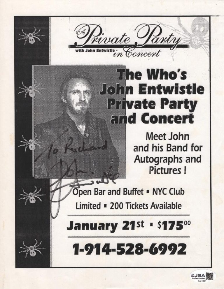 John Entwistle The Who Signed Autograph 8.5x11 Party Flier Advertisement JSA COA