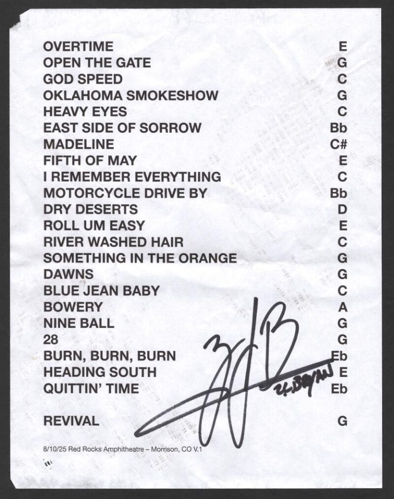 Zach Bryan Signed Autograph Original August 2025 Red Rocks Set List Beckett COA