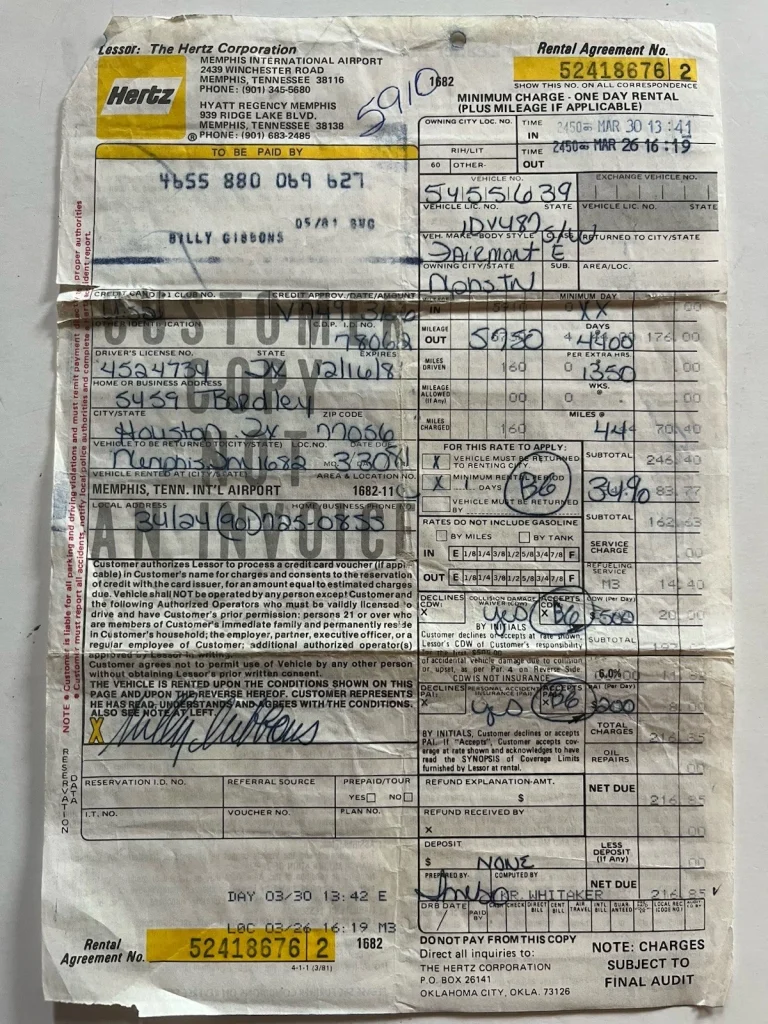 BILLY GIBBONS ZZ TOP 1981 RENTAL CAR RECEIPT SIGNED FULL NAME (CARBON COPY) #3 COLLECTIBLE MEMORABILIA