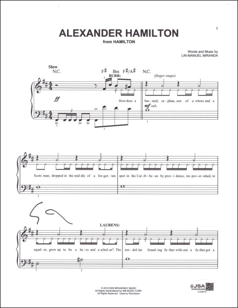 Lin-Manuel Miranda Signed Autograph Alexander Hamilton Sheet Music w/ JSA COA