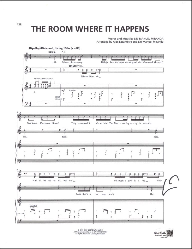 Lin-Manuel Miranda Signed Autograph Hamilton Room Where It Happens Sheet Music