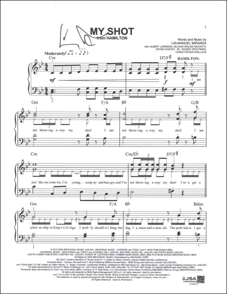 Lin-Manuel Miranda Signed Autograph Hamilton My Shot Sheet Music w/ JSA COA