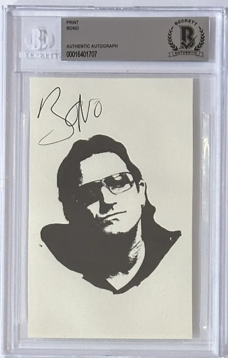 Bono U2 Signed B&W Picture Photograph Print Cut BAS Beckett Certified Autograph