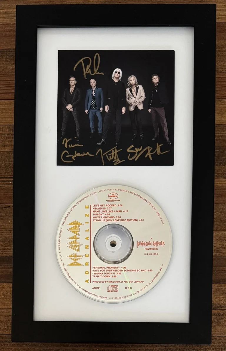 DEF LEPPARD SIGNED AUTOGRAPHED FRAMED PHOTOGRAPH + ADRENALIZE CD BECKETT BAS COA