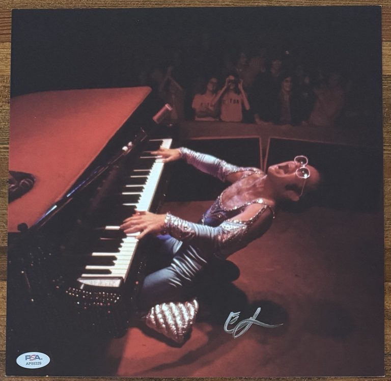 ELTON JOHN SIGNED ALBUM PIANO PHOTOGRAPH CARD & DIAMONDS VINYL LP PSA DNA COA