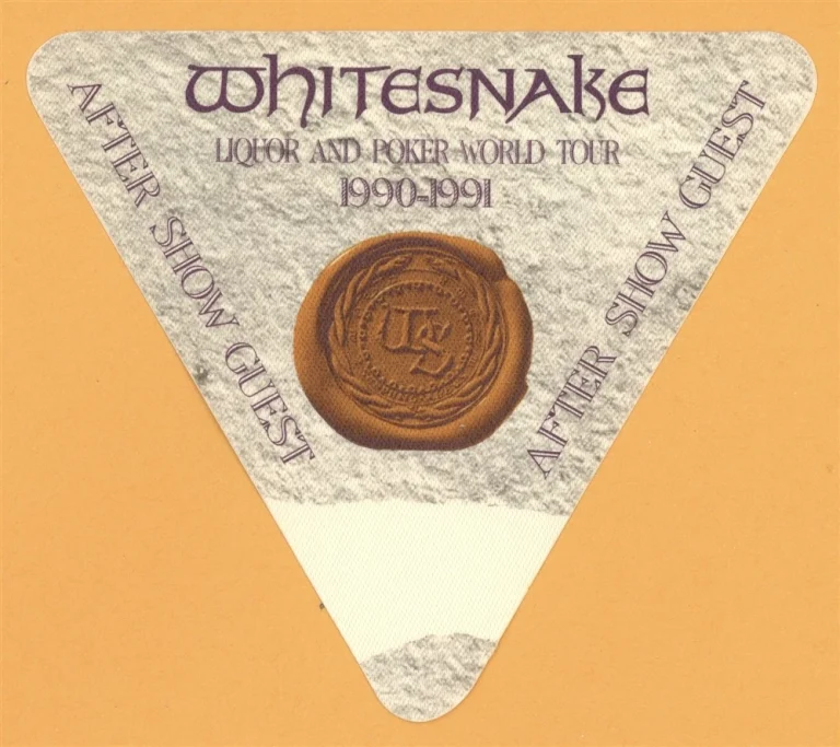 Whitesnake 1990 Liquor and Poker Concert Tour Aftershow Backstage Pass