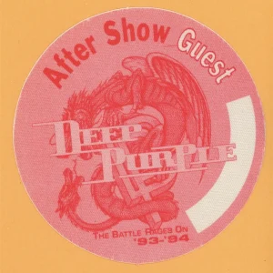 Deep Purple 1993 Battle Rages On Concert Tour AFTER SHOW Backstage Pass