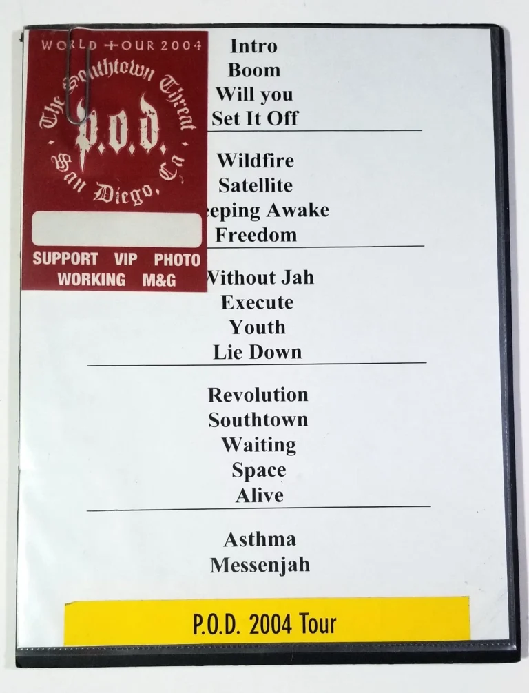 P.O.D. Concert Used Set-List from 2004 World Tour San Diego + Backstage Pass POD