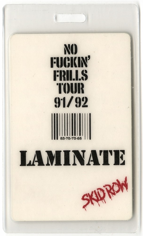 Skid Row 1991 No F*ckin' Frills Concert Tour Laminated Backstage Pass