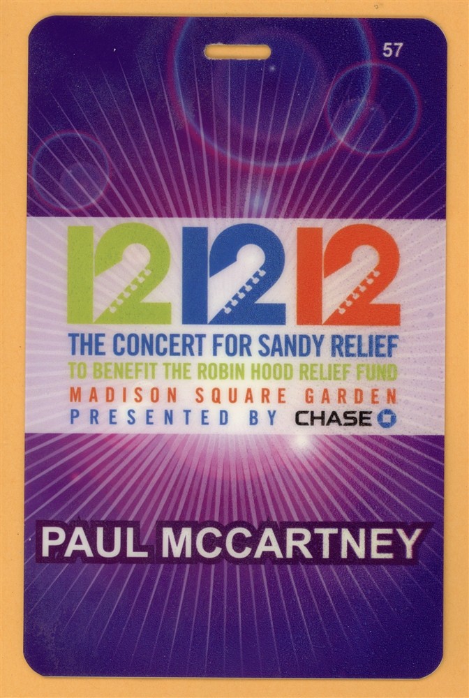 Paul McCartney 12/12/12 Concert for Sandy Relief Laminated Backstage Pass