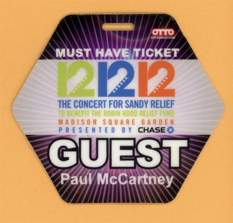 Paul McCartney 12/12/12 Concert for Sandy Relief Laminated Backstage Pass