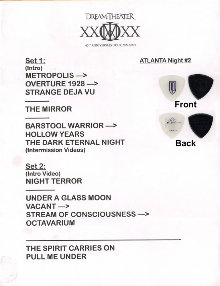 Dream Theater Setlist and Guitar Pick Set - 2025 40th Anniversary Tour