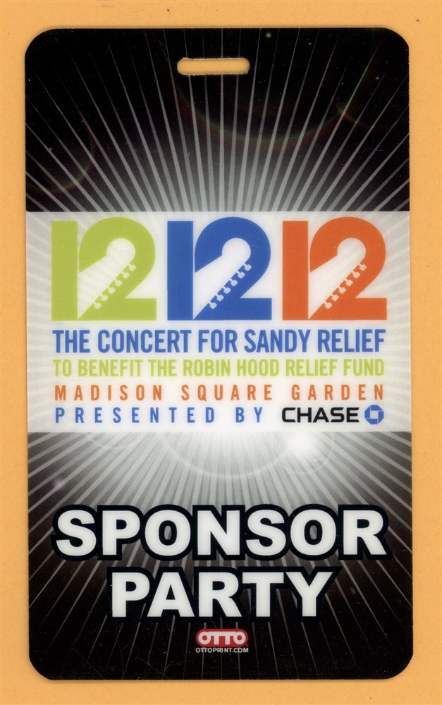 Paul McCartney 12/12/12 Concert for Sandy Relief Laminated Backstage Pass