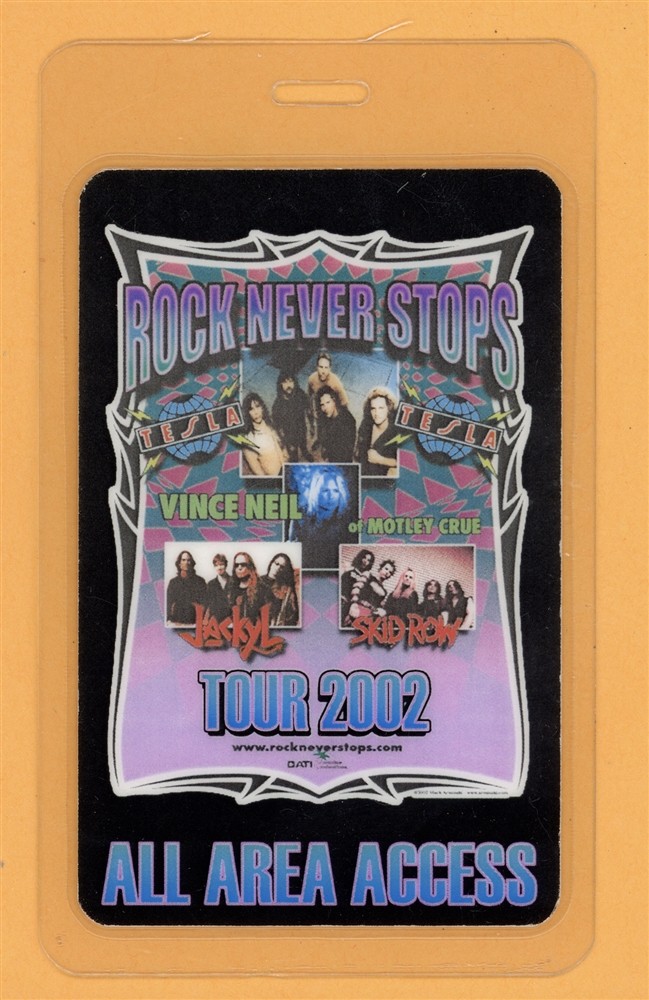 Tesla 2002 Rock Nevre Stops Tour Skid Row, Motley Crue Laminated Backstage Pass
