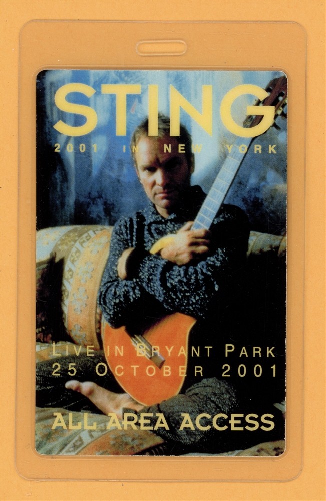 Sting 2001 Brand New Tour AAA NY Laminated Backstage Pass