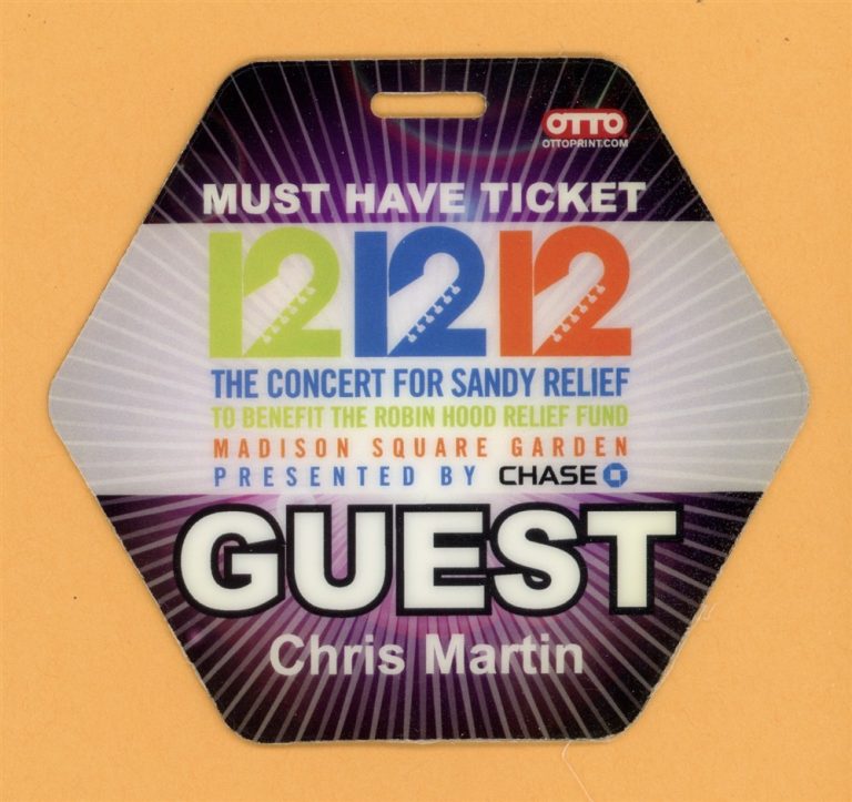 Chris Martin Coldplay 12/12/12 Concert for Sandy Relief Laminated Backstage Pass