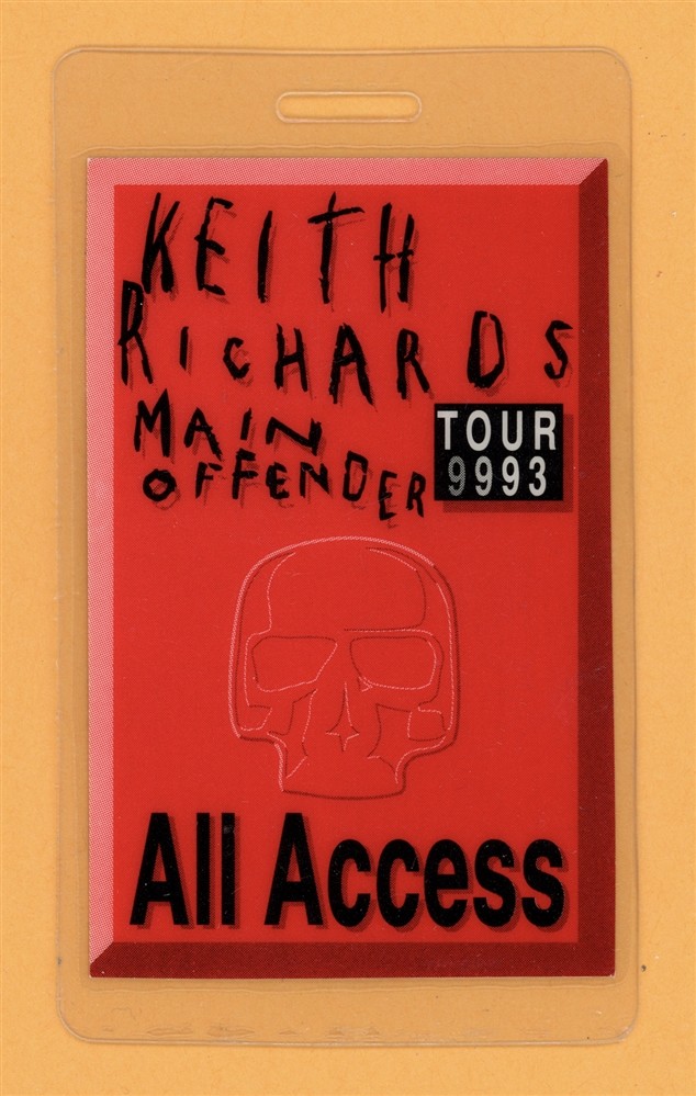 Keith Richards 1993 Main Offender Tour Laminated Backstage Pass - Rolling Stones