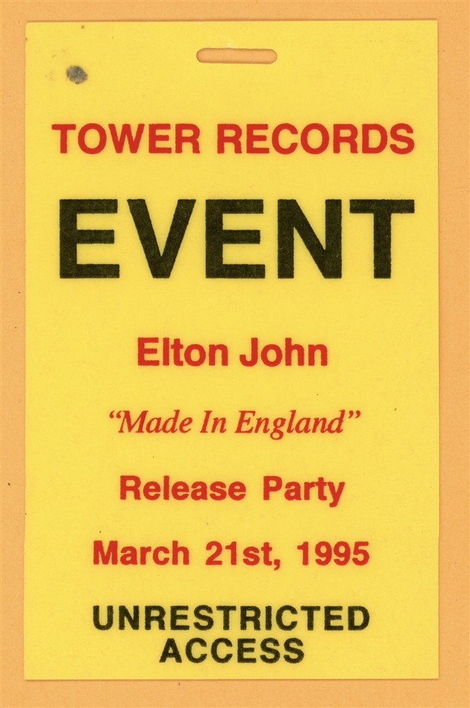 Elton John 1995 Tour Laminated Backstage Pass - Made In England Release Party