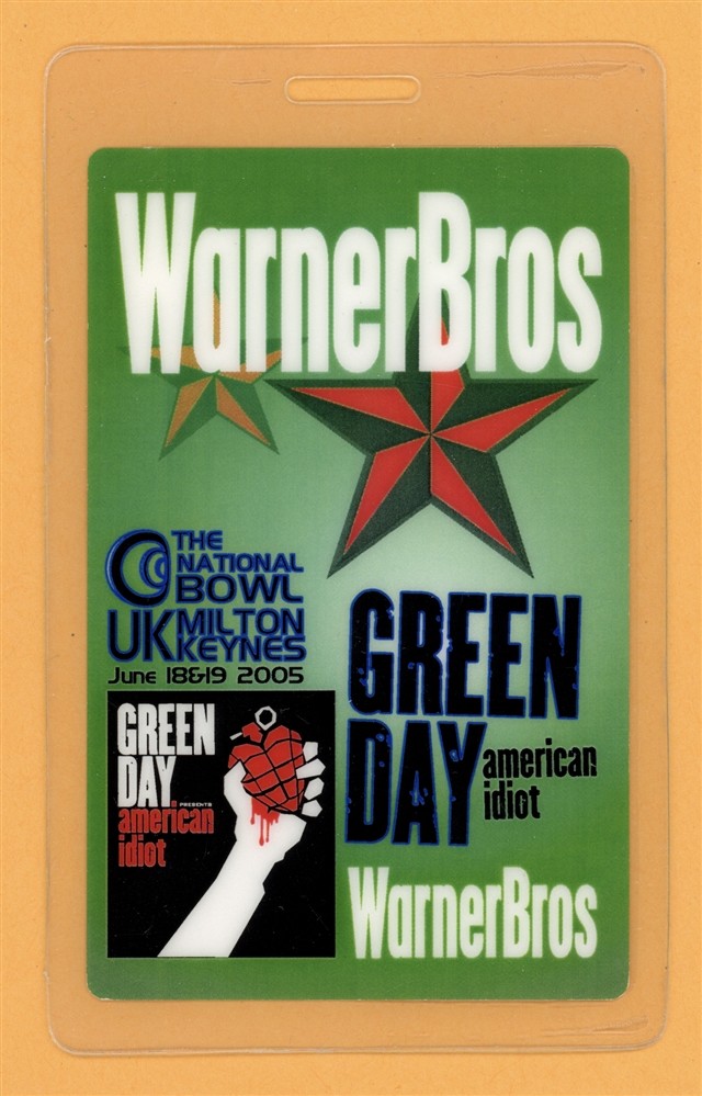 Green Day 2005 American Idiot Tour Warner Bros Laminated Backstage Pass
