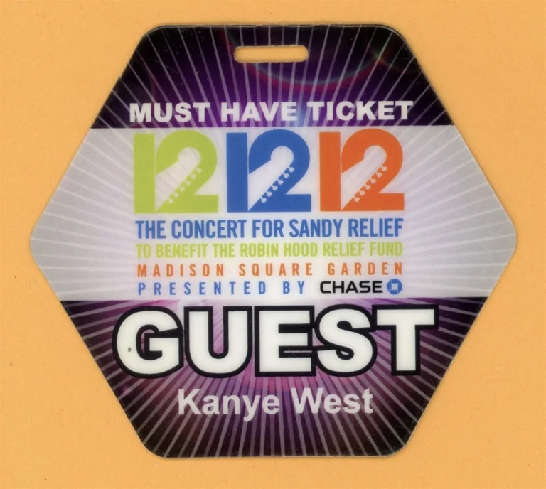 Kanye West 12/12/12 Concert for Sandy Relief Laminated Backstage Pass