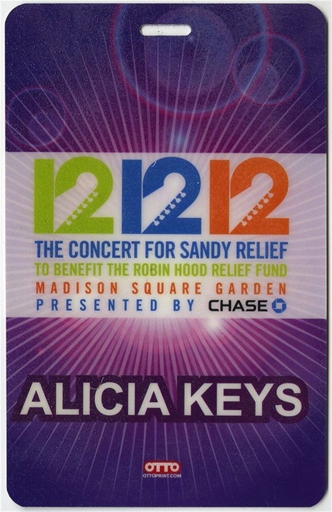 Alicia Keys 12/12/12 Hurricane Sandy Concert Laminated Backstage Pass